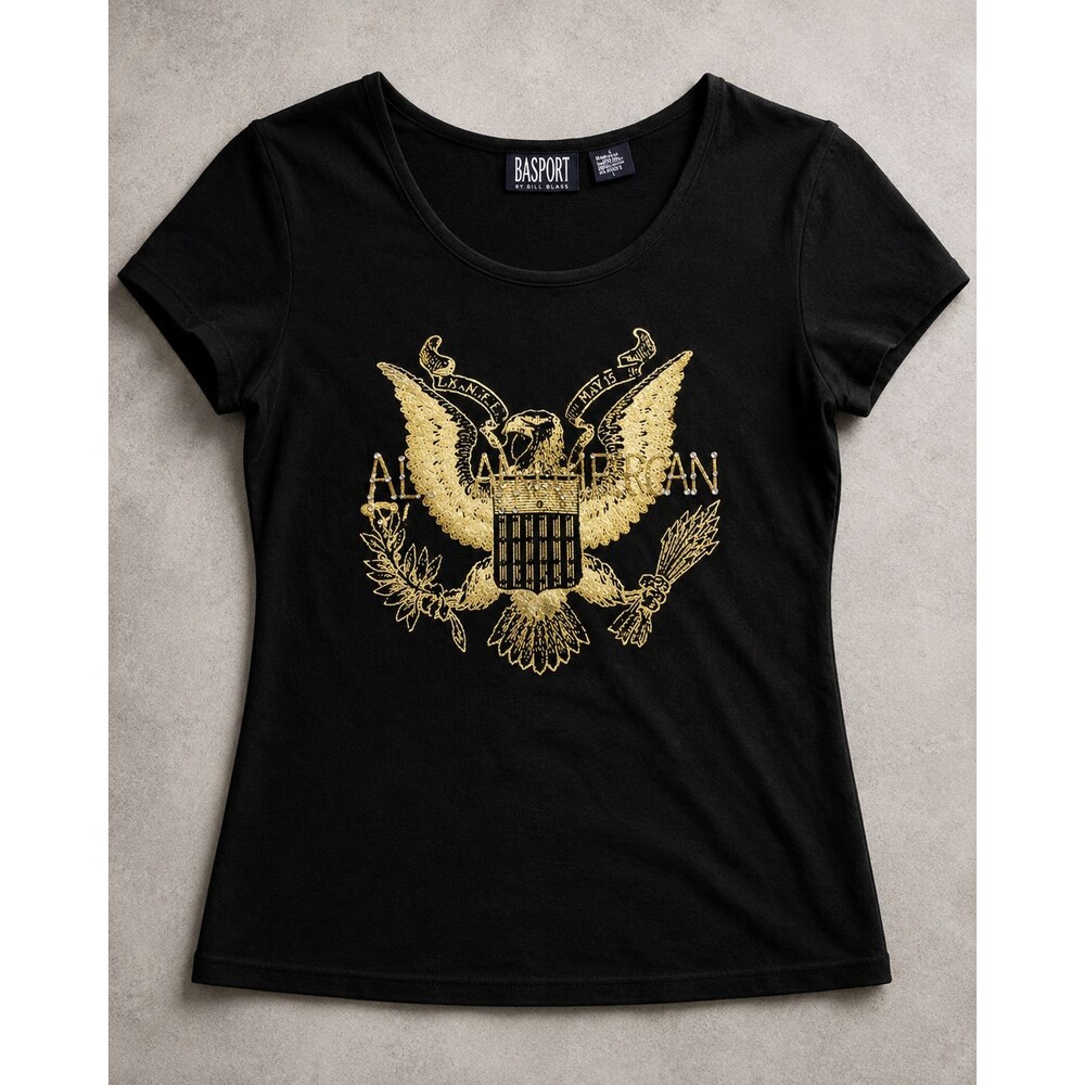 Bill Blass Blassport Eagle T Shirt Womens L Black Gold Graphic Y2K Fitted Tee